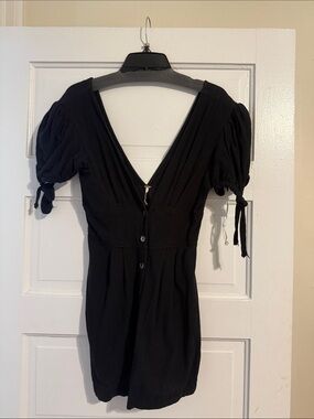 Free People Black V-Neck Mini Dress with Puff Sleeves